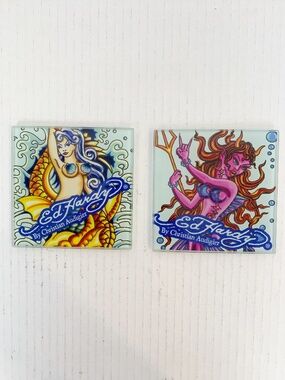Ed Hardy by Christian Audigier Glass Tile Coaster Set of Two Mermaid Devil Koi